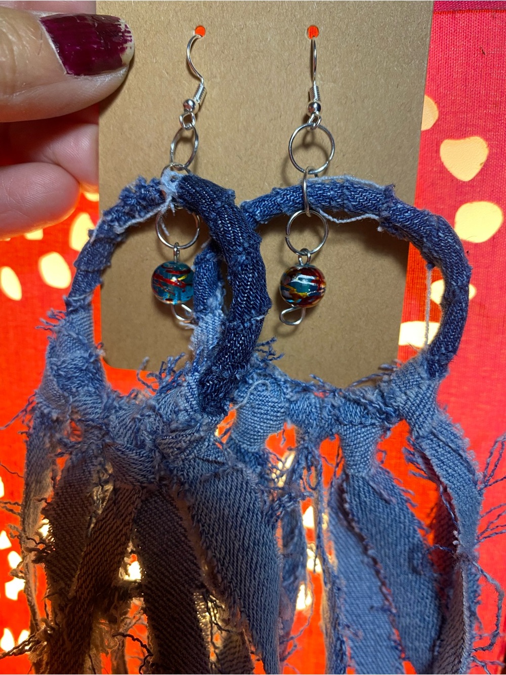 Boho Fringe Denim Hoop Earrings with Multicolor Bead